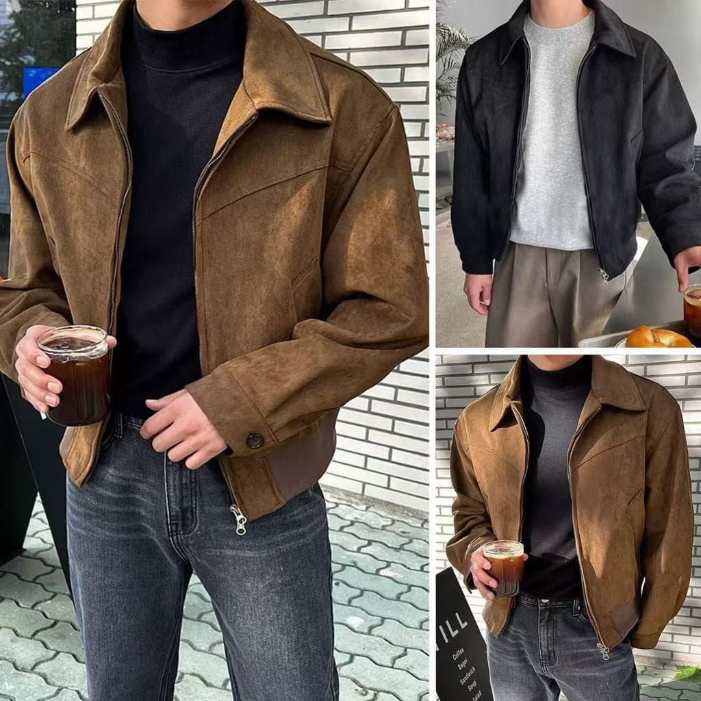 Jaqueta Masculina De Camurça Solta Com Zíper Design Versátil Gola Monocromática De Vôo