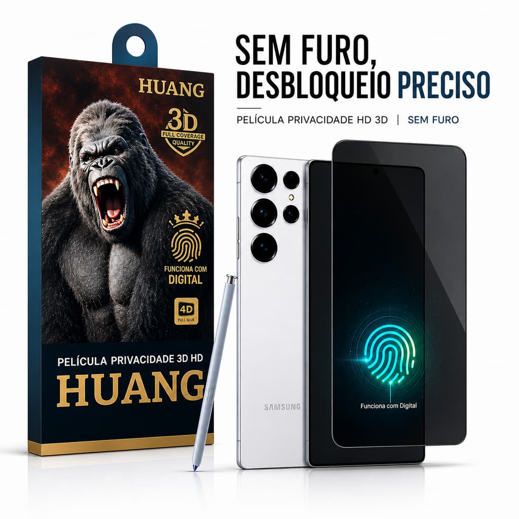 Película Vidro Privacidade 3D Cobertura Total Funciona Digital Sem Furo Samsung S25 S25 Plus S25 Ultra S24 S23 S22 Plus