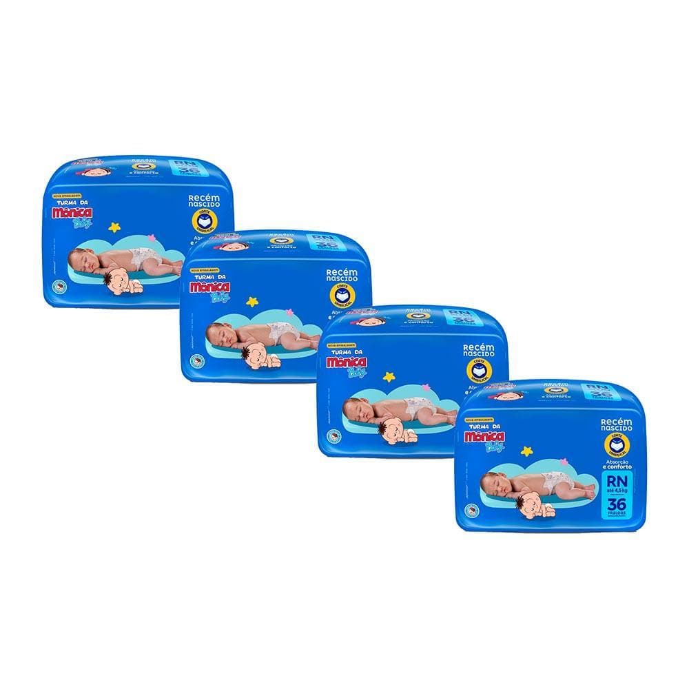 Kit 4 Fraldas Turma da Mônica Baby Jumbo RN com 36un cada