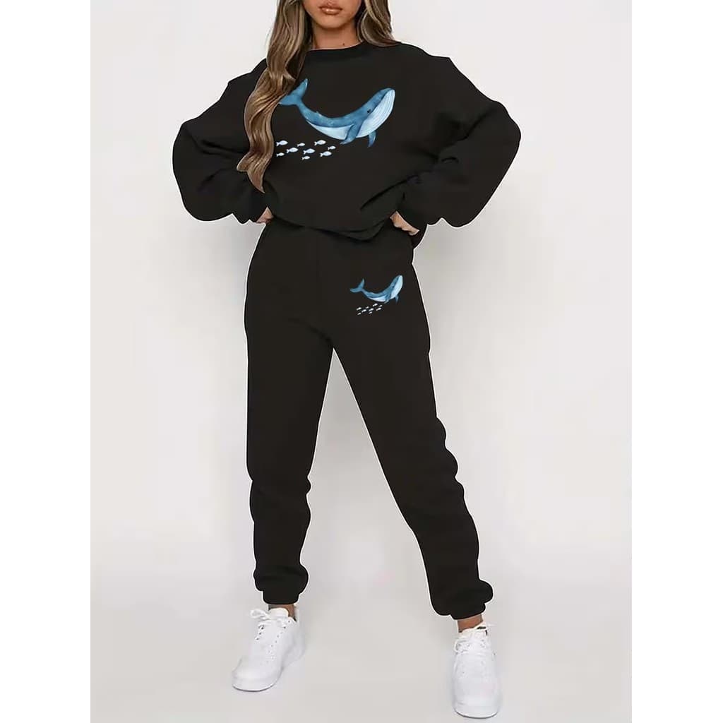 Conjunto Moletom Careca Feminino Baleia Azul Blusa De Frio + Calça Moletom Estampados Unissex Outono/Inverno