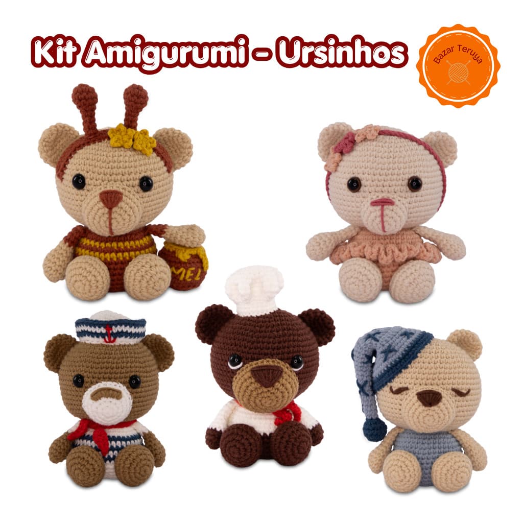 Kit Amigurumi Ursinhos Círculo - Crochê para iniciantes material completo Linha Soft