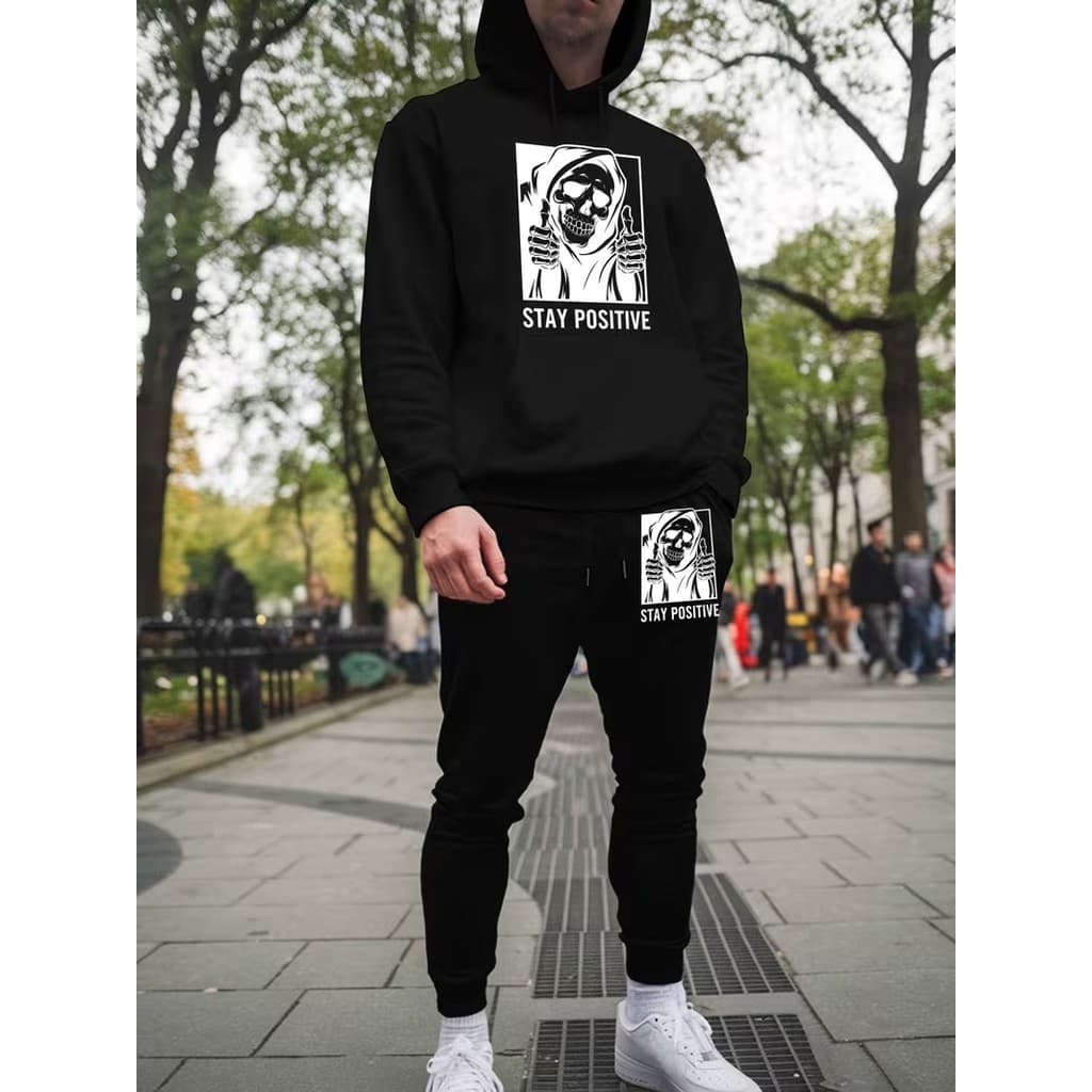 Conjunto Moletom Canguru Masculino Stay positive Blusa De Frio + Calça Moletom Estampados Unissex Outono/Inverno