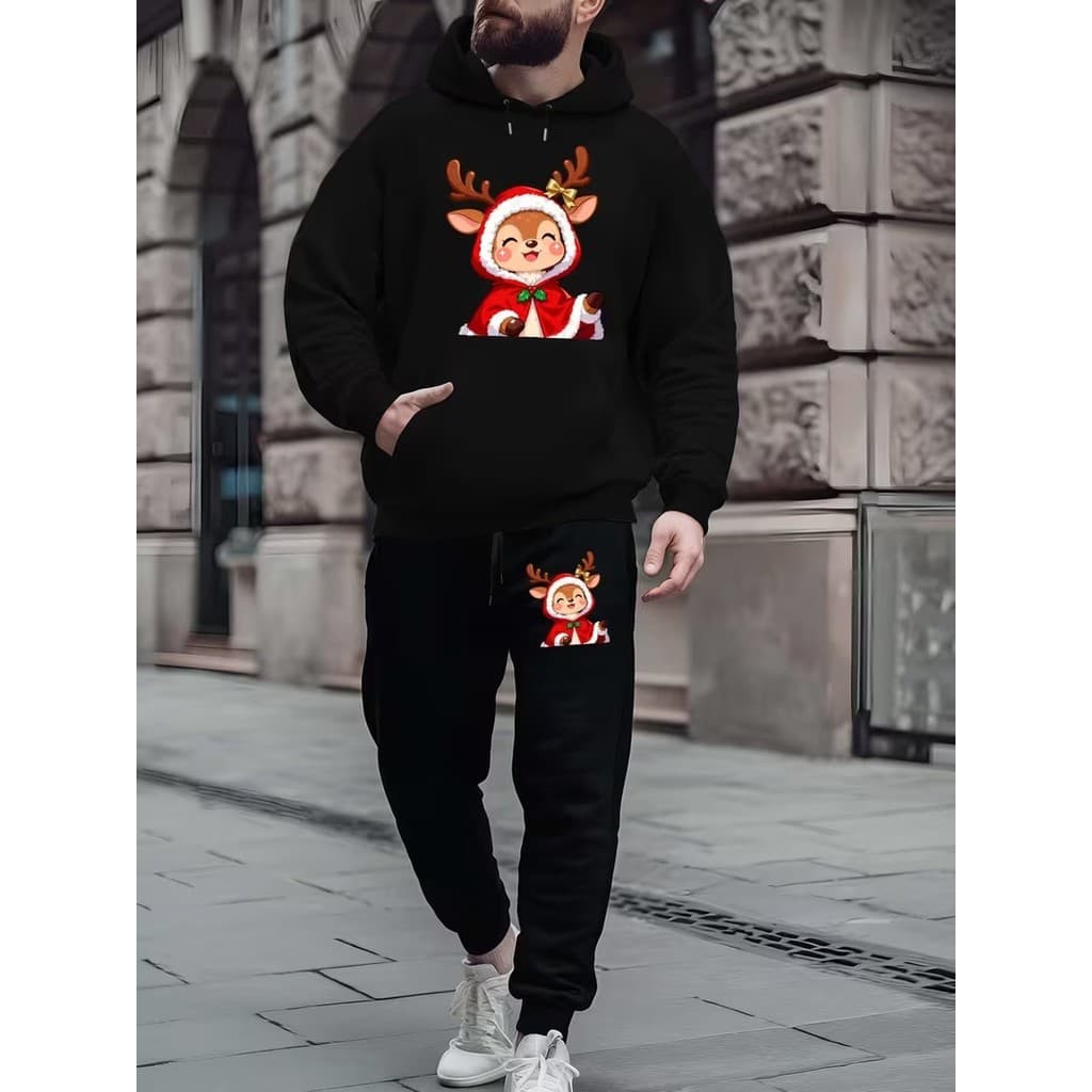 Conjunto Moletom Canguru Masculino Rena De Casaco Blusa De Frio + Calça Moletom Estampados Unissex Outono/Inverno