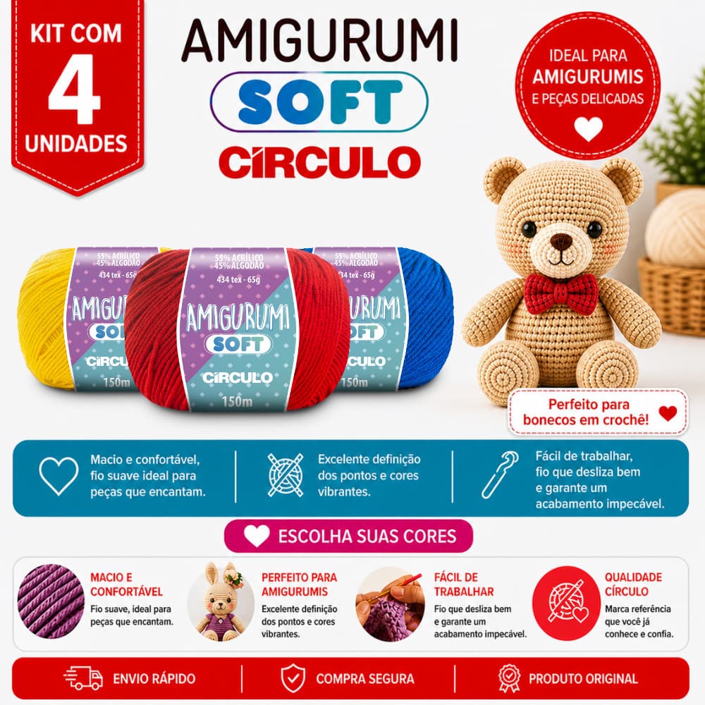 Kit 4 Linha Amigurumi Soft Círculo 150m Fio para Crochê e Amigurumi