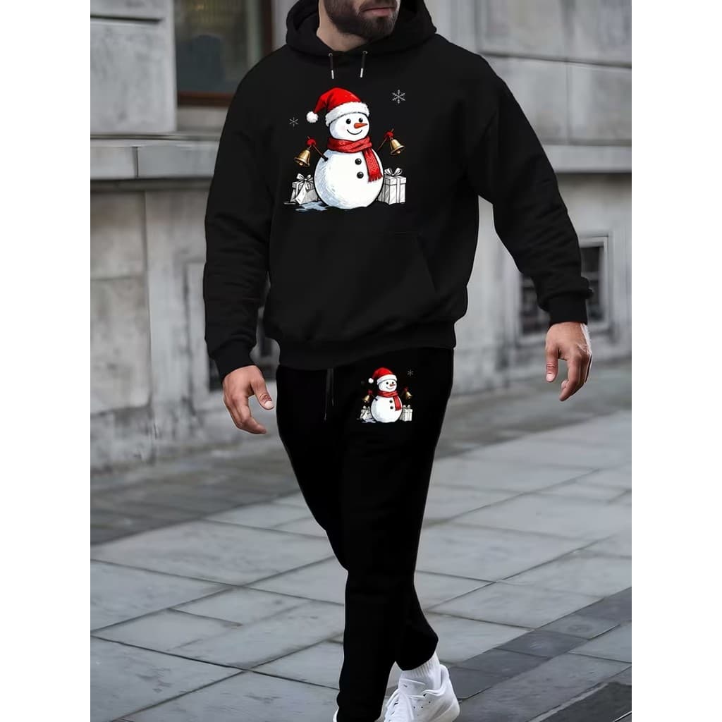 Conjunto Moletom Canguru Masculino Boneco de neve Blusa De Frio + Calça Moletom Estampados Unissex Outono/Inverno