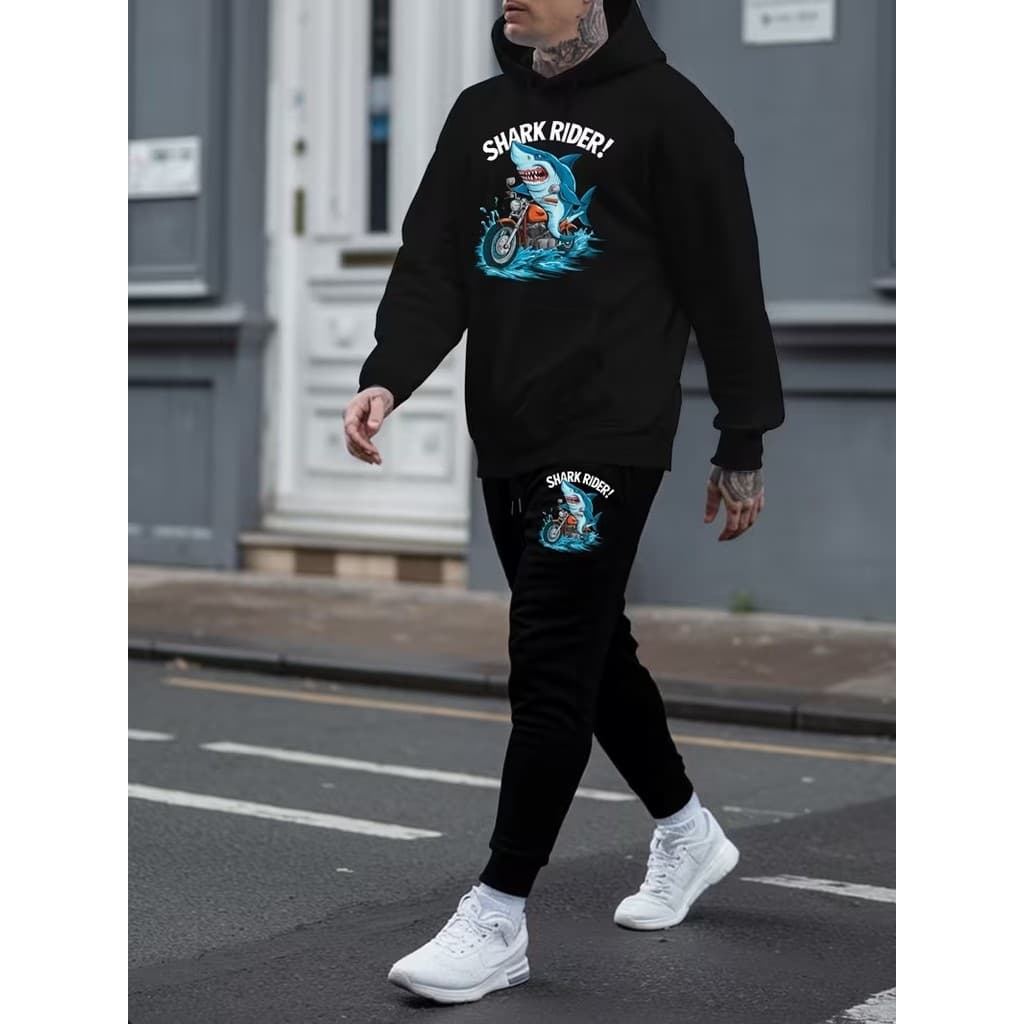Conjunto Moletom Canguru Masculino Tubarão Blusa De Frio + Calça Moletom Estampados Unissex Outono/Inverno