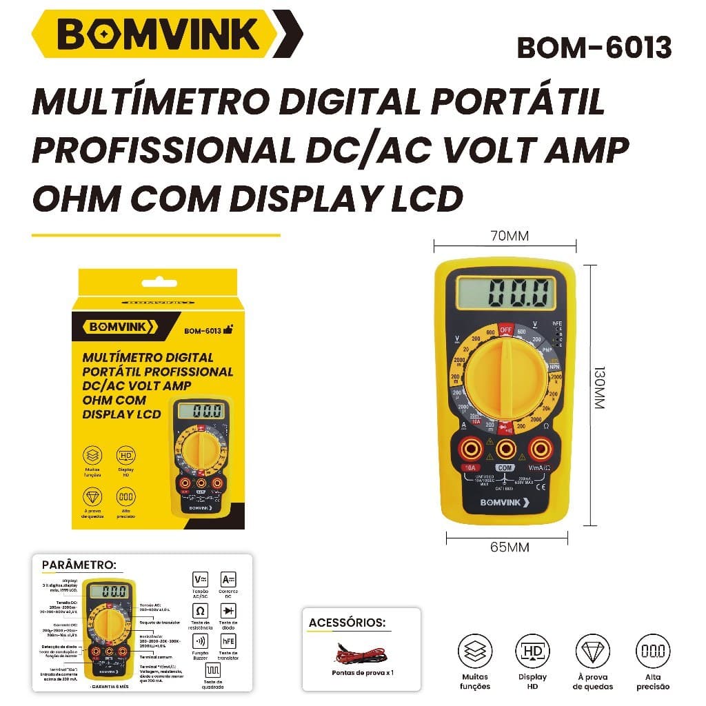 Multímetro Digital Portátil Profissional C/Capacímetro E Beep Bateria Cabo Teste Medição Display