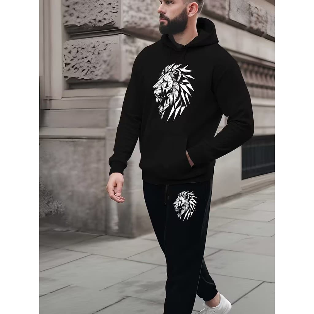 Conjunto Moletom Canguru Masculino Leão De Cristal Blusa De Frio + Calça Moletom Estampados Unissex Outono/Inverno