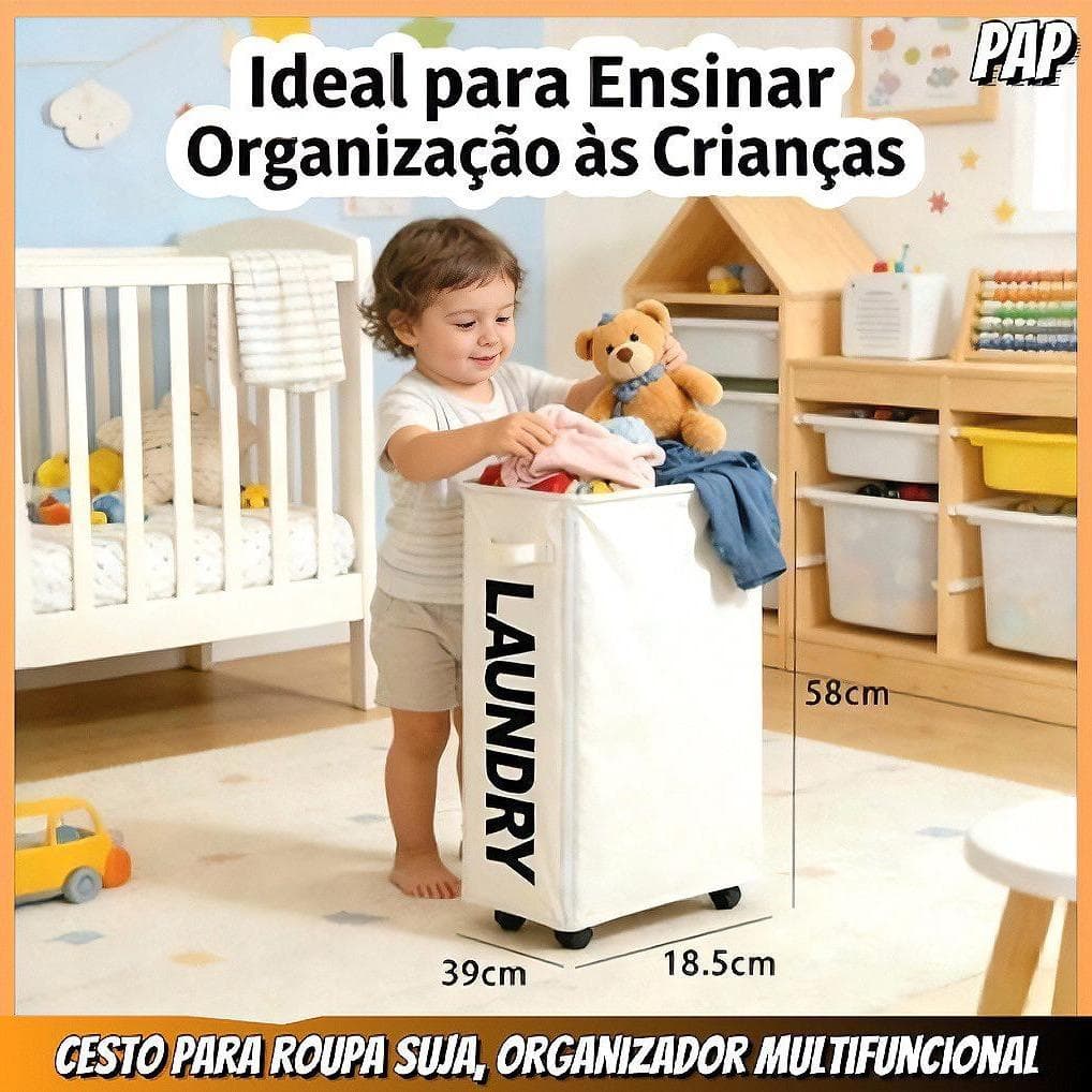 Cesto de Roupa Suja Slim com Rodinhas Dobrável Oxford Impermeável Organizador Lavanderia Banheiro 58cm Premium
