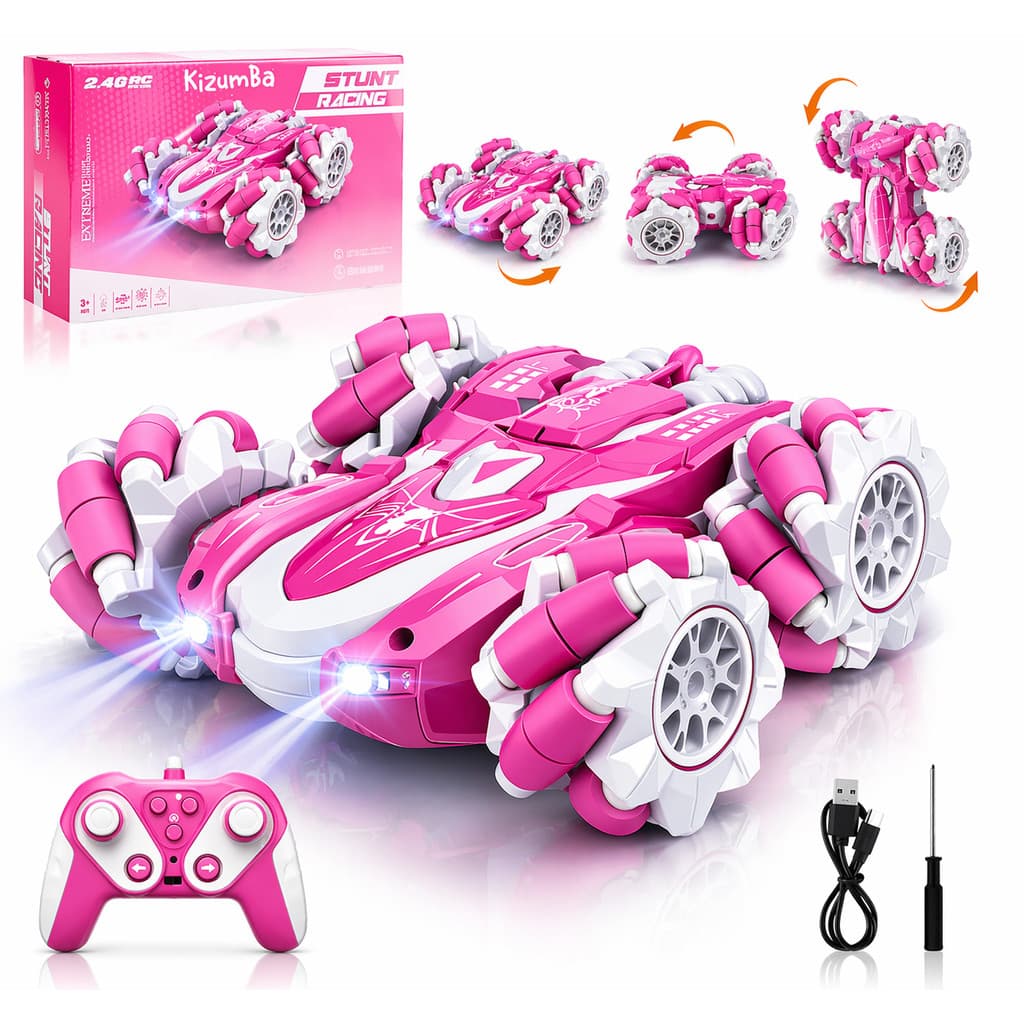 Carrinho De Controle Remoto Acrobatico Homem Aranha Rosa 360 Graus Pirueta Luz LED Stunt Car Kizumba