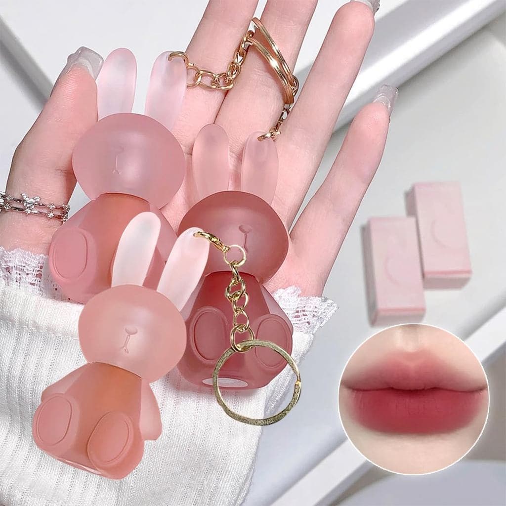 Conjunto de 3 Batons Líquidos Matte, Brilho Labial de Coelho Fofo, Batom em Bastão 2 em 1 com Chaveiro, À Prova D'Água, 