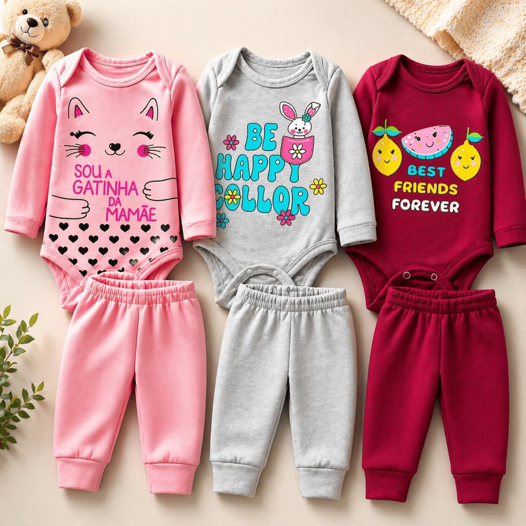Kit 6 Peças Conjunto Bebê Menina Body Manga Longa com Calça Algodão com Elastano Roupa Bebê Sortido