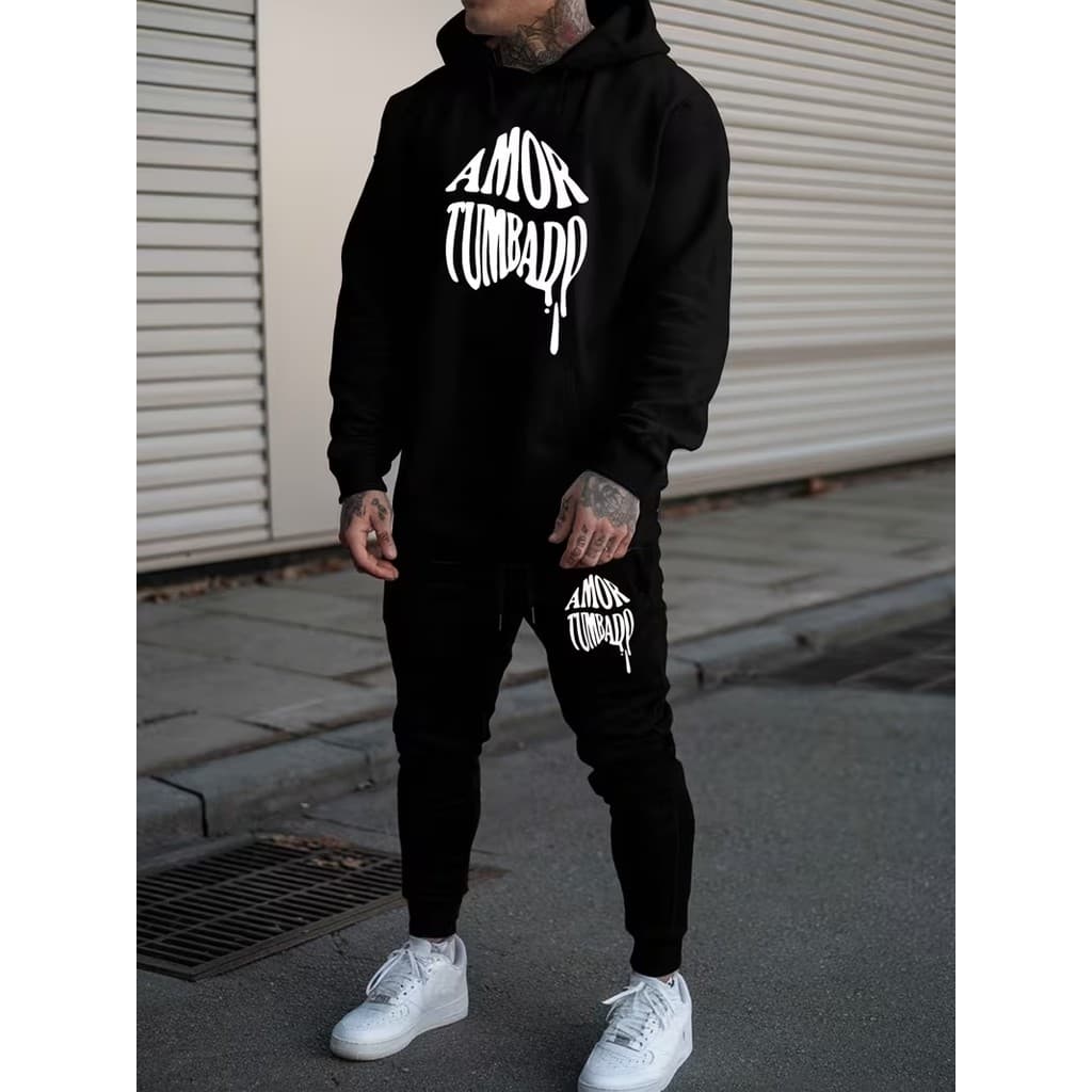 Conjunto Moletom Canguru Masculino Amor tumbado Blusa De Frio + Calça Moletom Estampados Unissex Outono/Inverno
