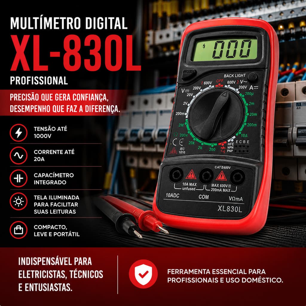 MULTÍMETRO DIGITAL PROFISSIONAL XL-830L ALTA PRECISÃO COM CAPACÍMETRO E TELA ILUMINADA 20A 1000V