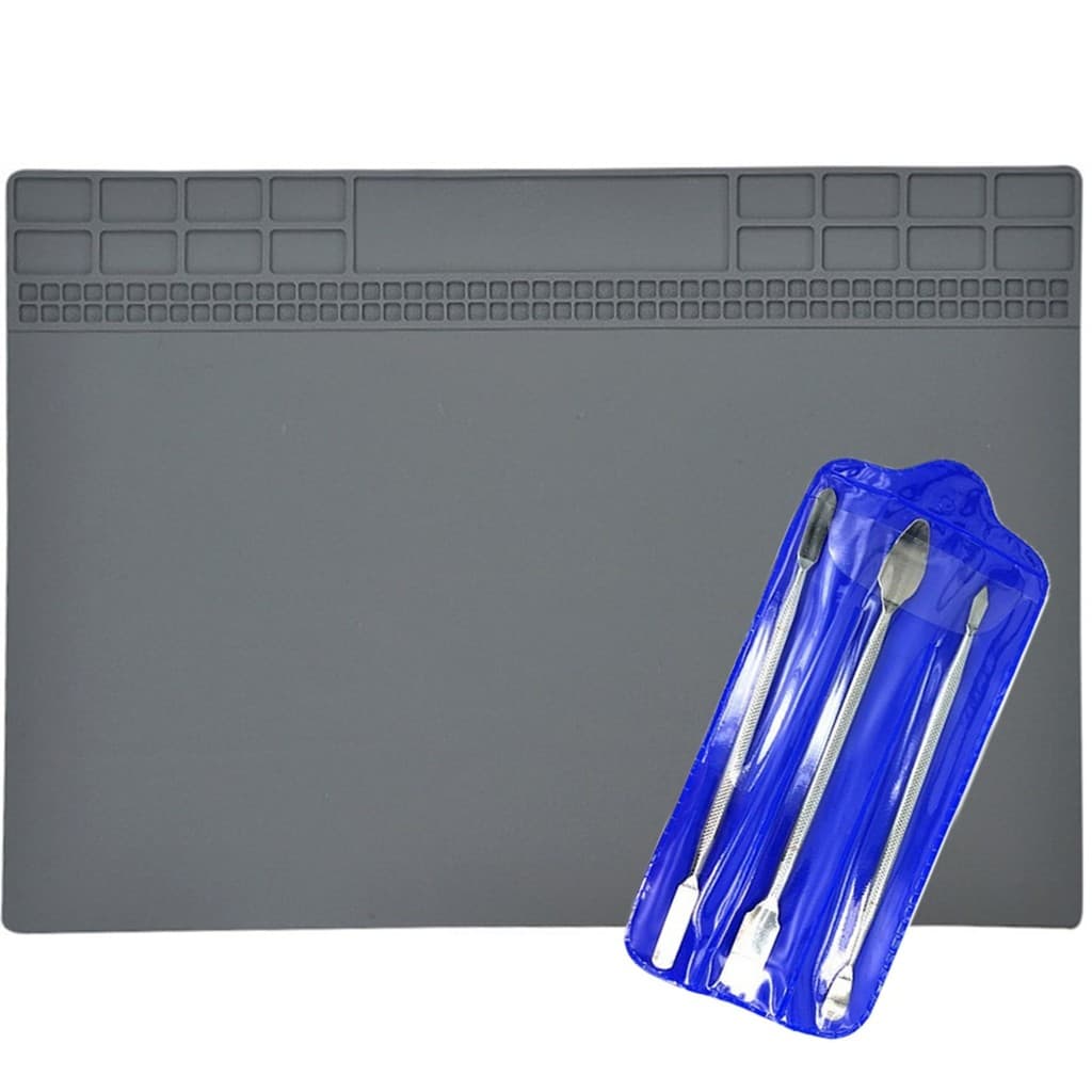 kit Manta de Bancada 25x35cm Resistente Calor + Kit Completo Ferramentas Abre Tela Espátulas Metal