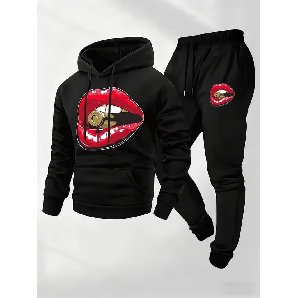 Conjunto Moletom Canguru Masculino Boca e bala Blusa De Frio + Calça Moletom Estampados Unissex Outono/Inverno