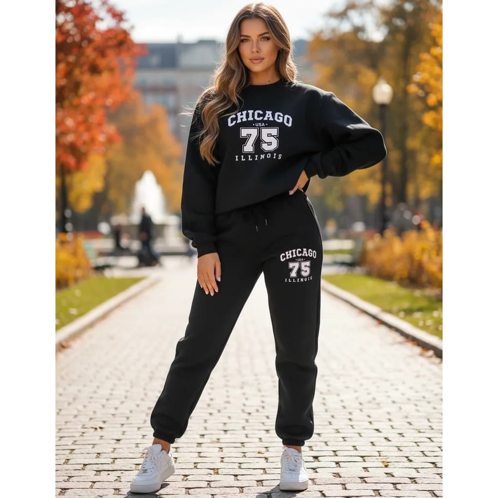 Conjunto Moletom Careca Feminino Chicago 75 Blusa De Frio + Calça Moletom Estampados Unissex Outono/Inverno