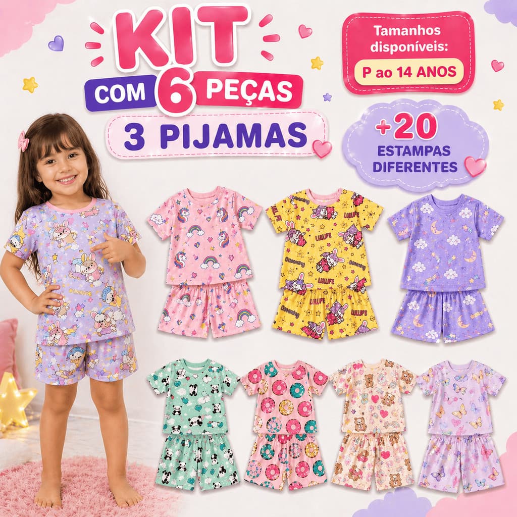 Kit 3 Pijamas Bebê Infantil Criança Menina Manga Curta Verão Calor Roupa de Dormir 6 Peças Estampas Sortidas Baby Doll