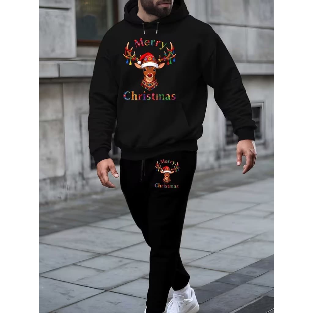 Conjunto Moletom Canguru Masculino Merry Christmas Blusa De Frio + Calça Moletom Estampados Unissex Outono/Inverno