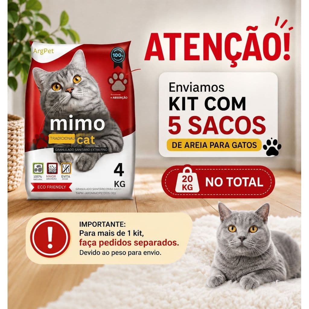 Areia Sanitária Higiênica 5x4kg Argila Natural para Gatos Grãos Médios Tradicional 20 kg Mimo, Apenas 1 Fardo Por compra