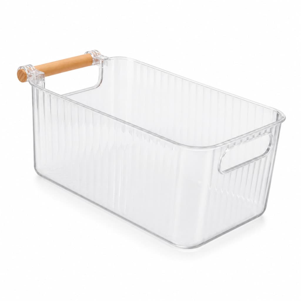 Caixa Cesto de Acrílico com Alça de Bambu Organizador Armário Transparente Multiuso Puxador Cozinha Banheiro 5703 DT6693