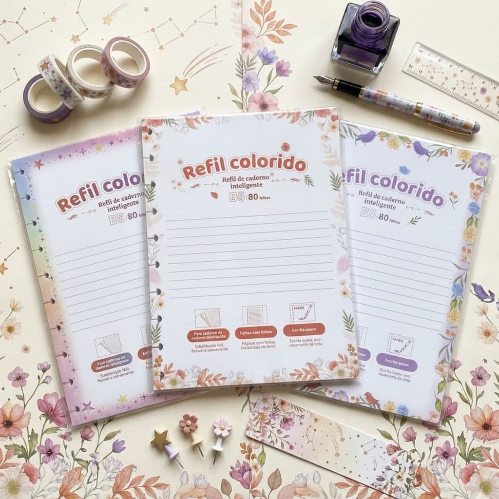 Refil A4 e B5 80 Folhas Pautadas Floral e Estrelas Delicado para Caderno Inteligente 11 e 10 Discos
