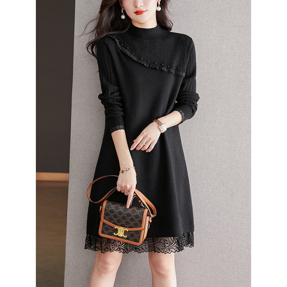 Inverno interior camadas Base vestido de malha feminino outono inverno estilo casaco de inverno pequeno vestido camisola