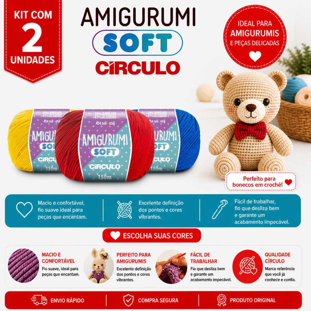 Kit 2 Linha Amigurumi Soft Círculo 150m Fio para Crochê e Amigurumi