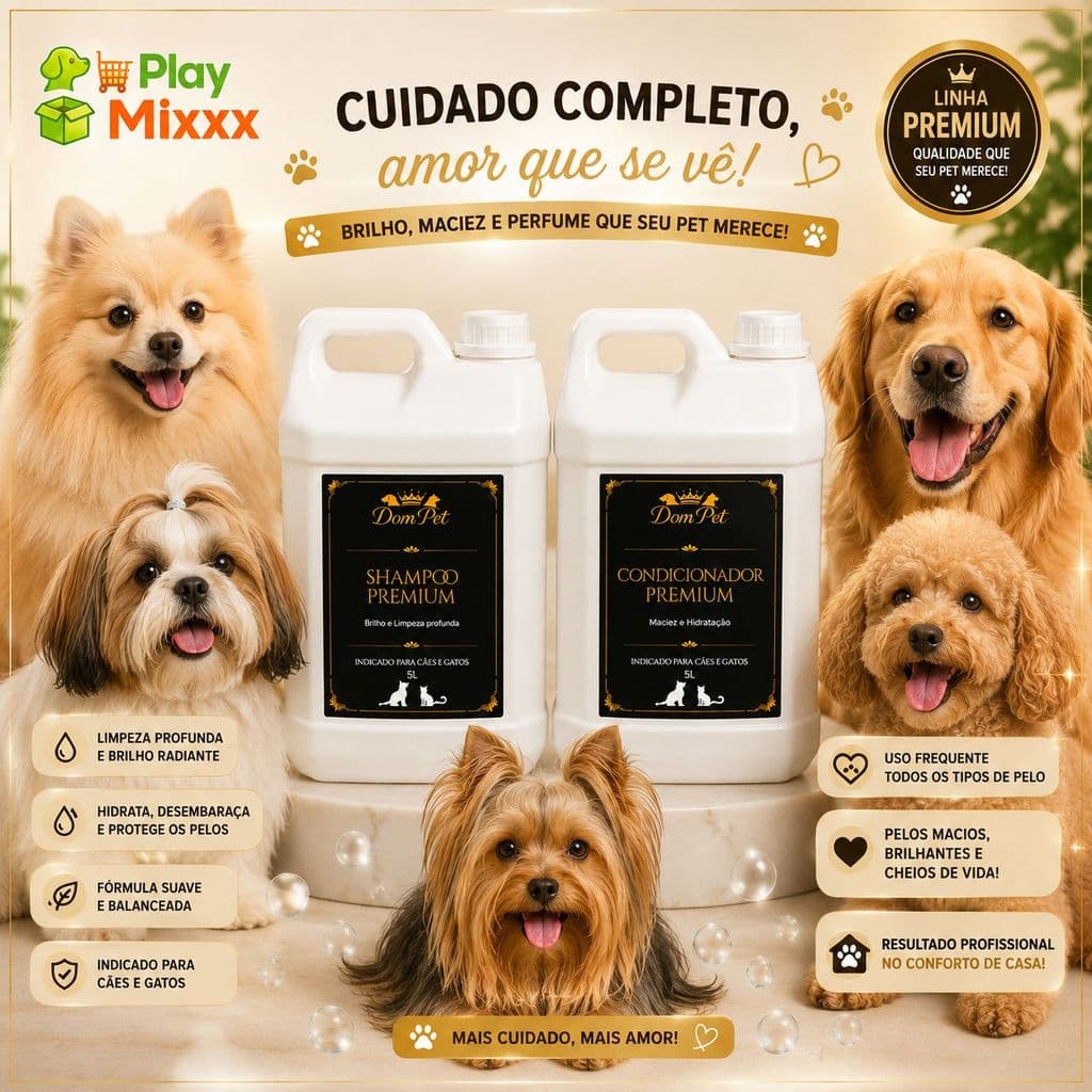 Kit Dom Pet 5 Litros Shampoo + Condicionador Para Cachorro Cão e Gatos cuidados profundos.