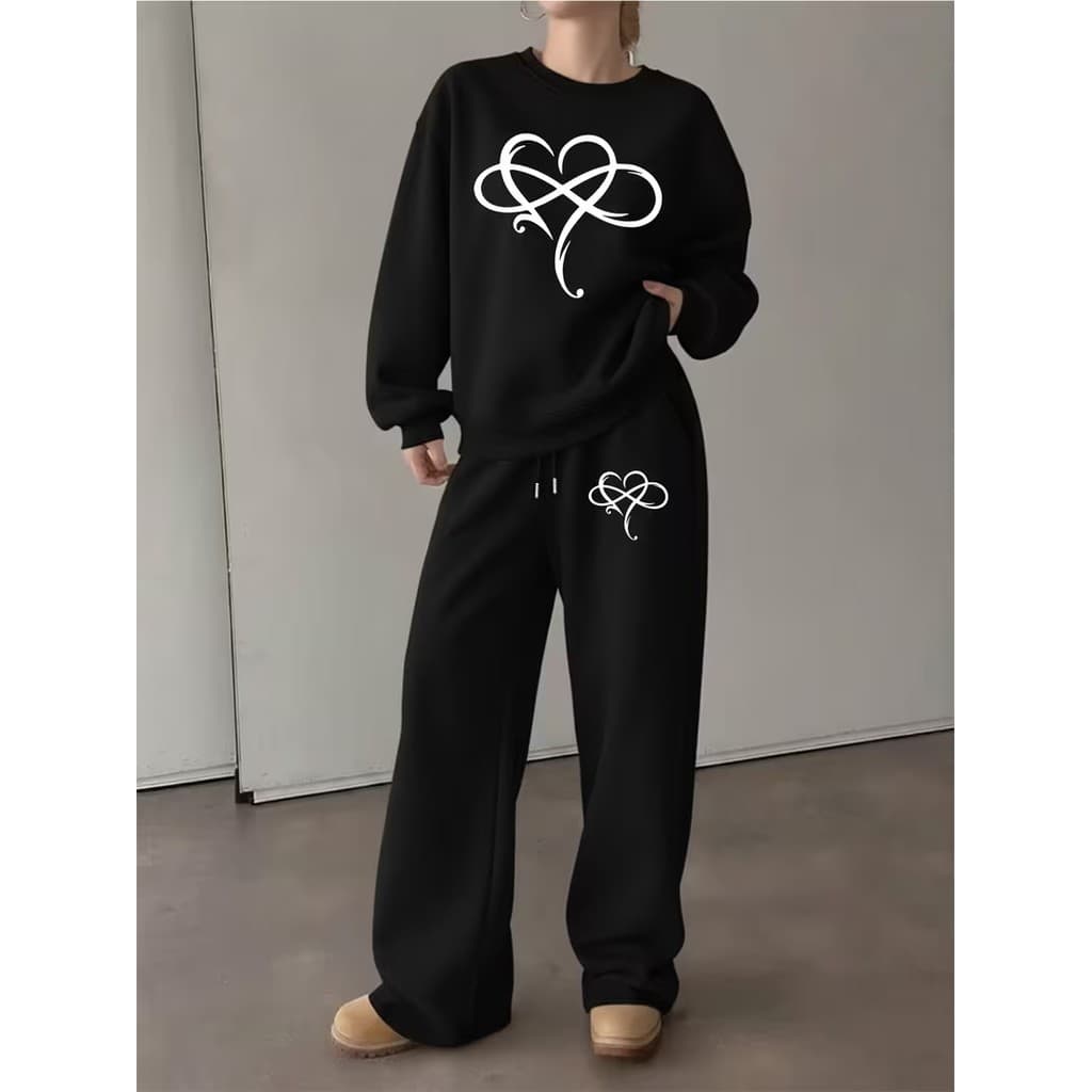 Conjunto Moletom Careca Feminino Infinity Heart Blusa De Frio + Calça Moletom Estampados Unissex Outono/Inverno