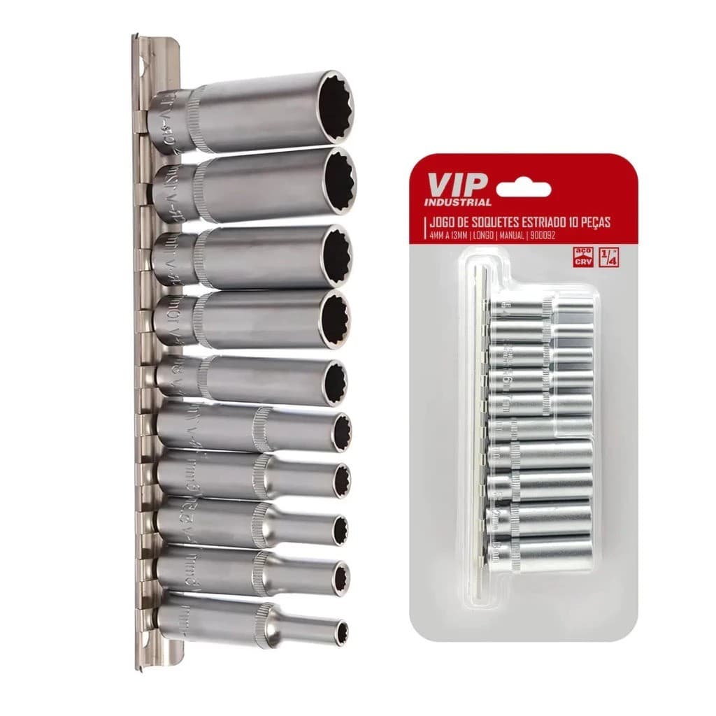 Jogo Soquete Estriado Longo 1/4 10 Peças 4-13mm Aço CRV Kit Chave Catraca Profissional