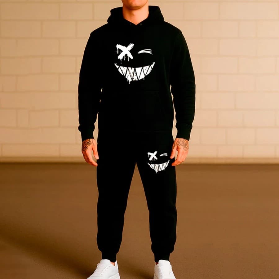 Conjunto Moletom Canguru Masculino Sorriso Medonho Blusa De Frio + Calça Moletom Estampados Unissex Outono/Inverno