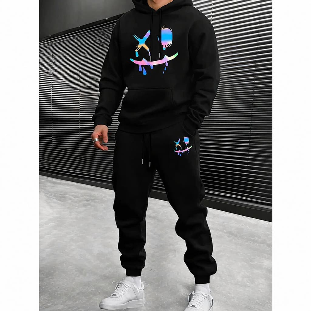 Conjunto Moletom Masculino Sorriso Blusa De Frio Canguru Bolso e Capuz + Calça Moletom Estampados Unissex Outono/Inverno