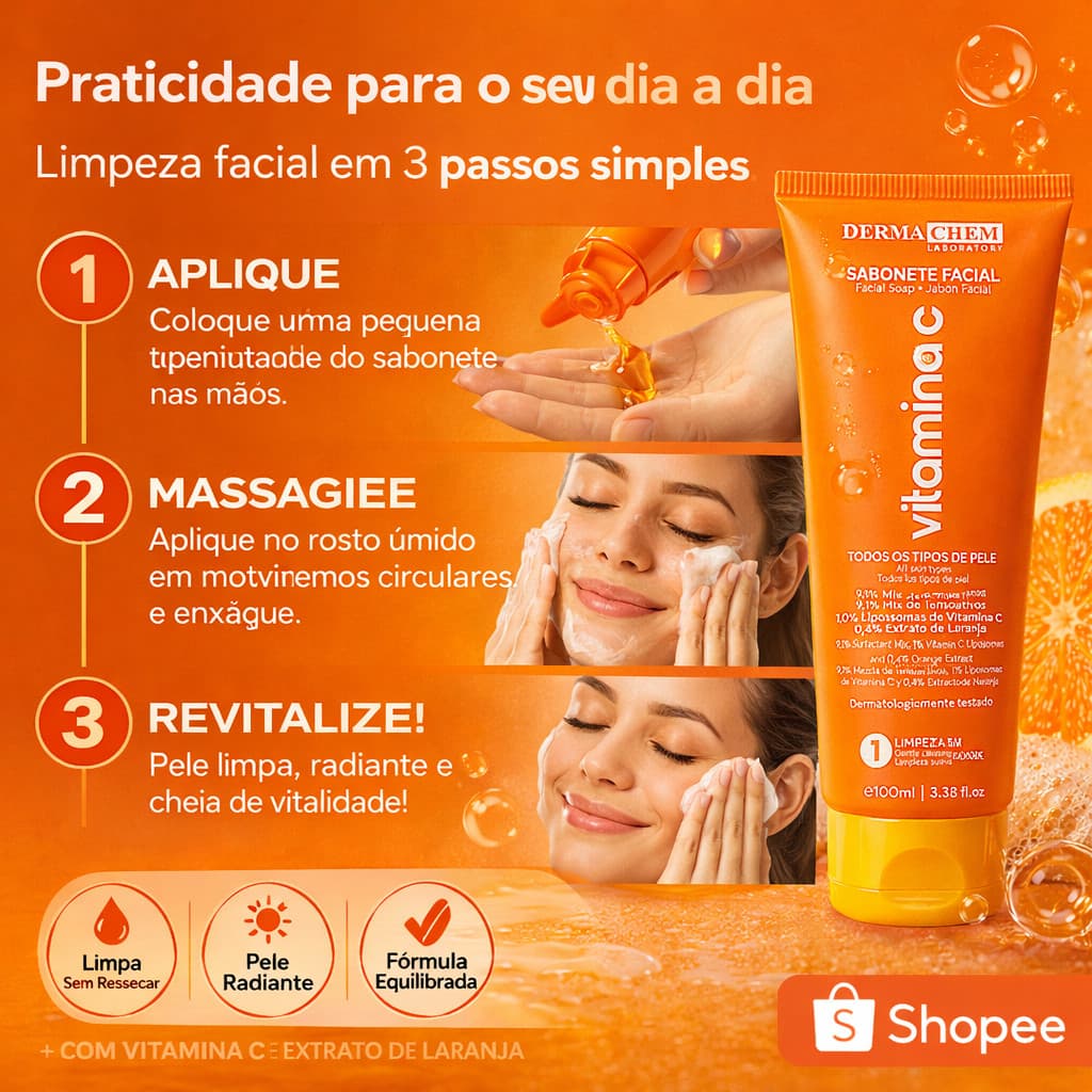 Sabonete Facial Vitamina C Dermachem 100ml Clareador Antirrugas Acido Hialuronico Antioxidante Top