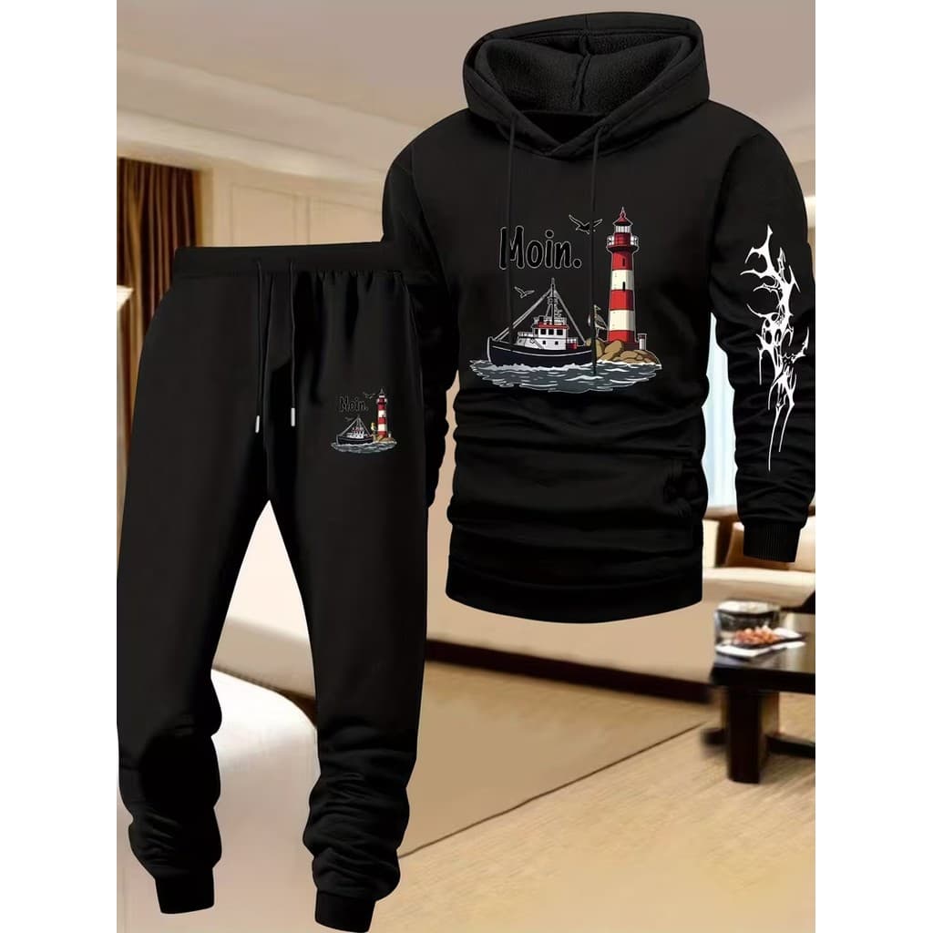 Conjunto Moletom Canguru Masculino Alto Mar Blusa De Frio + Calça Moletom Estampados Unissex Outono/Inverno