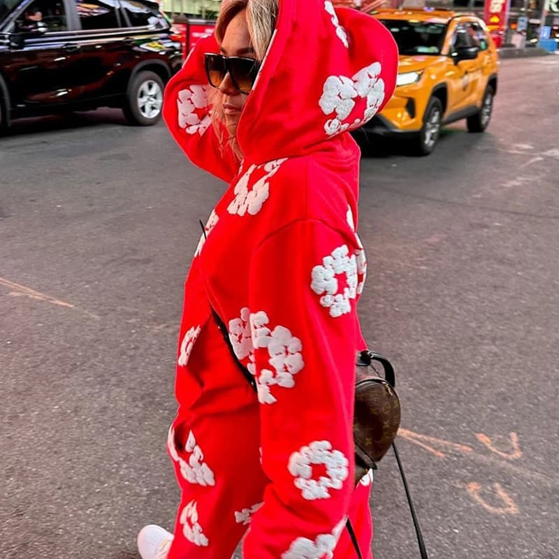 Moletom com capuz estampado floral de marca da moda, moletom folgado estilo europeu e americano, conjunto de moletom uni