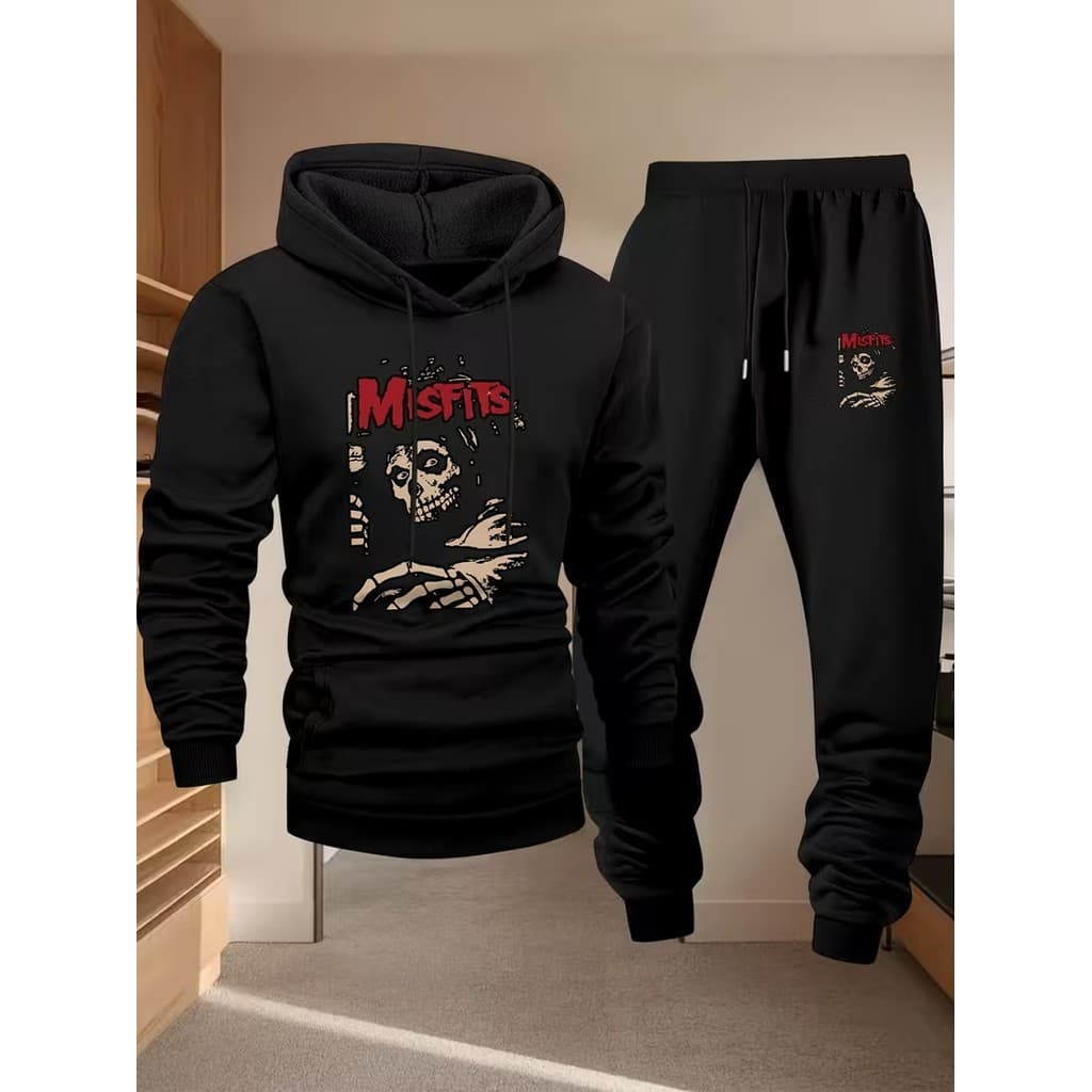 Conjunto Moletom Canguru Masculino esqueleto Blusa De Frio + Calça Moletom Estampados Unissex Outono/Inverno