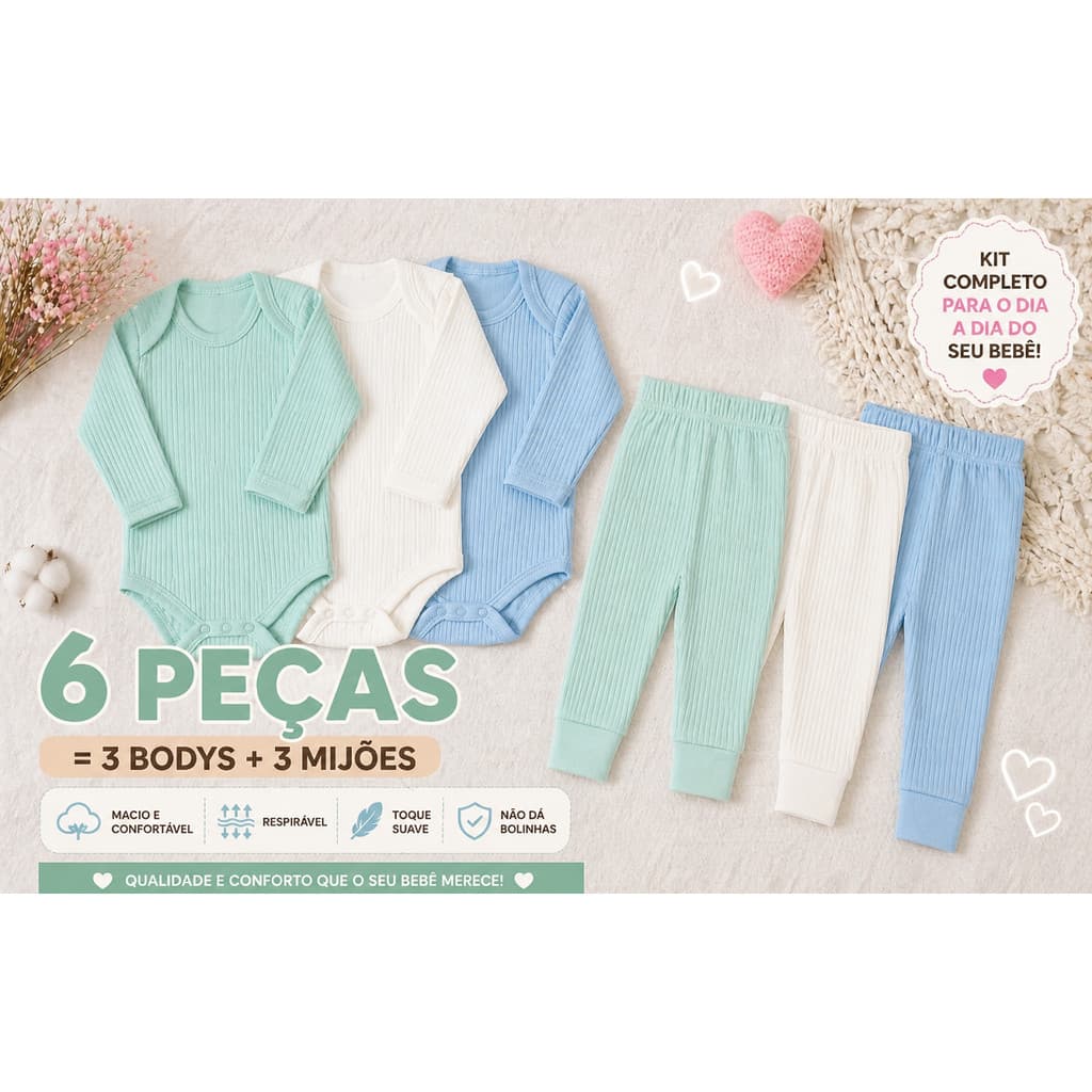 Kit com 6 peças Conjunto Bebê Canelado Manga Longa Body e Calça Algodão Macio Unissex Enxoval