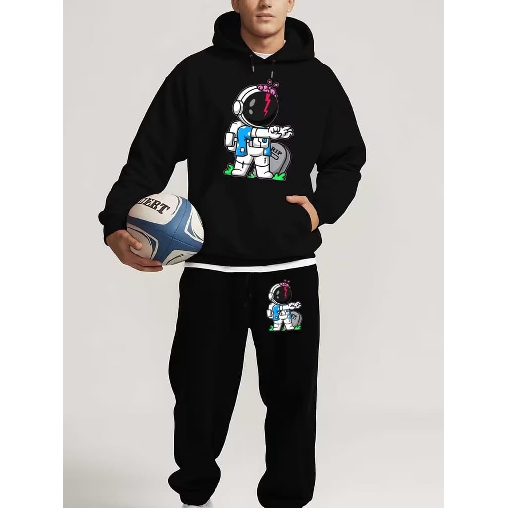 Conjunto Moletom Canguru Masculino Pisando Na Lua Blusa De Frio + Calça Moletom Estampados Unissex Outono/Inverno