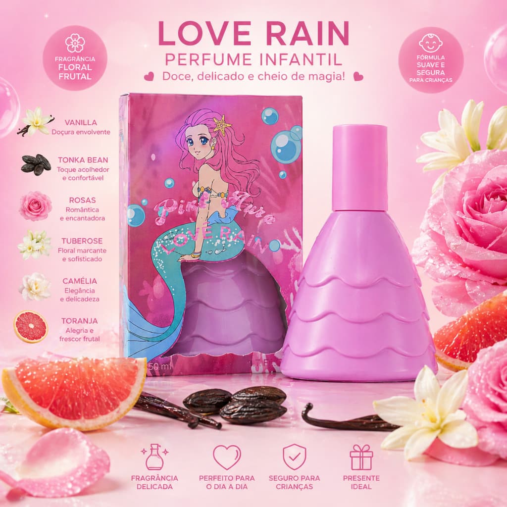 Perfume Feminino Doce Floral Baunilha Fragrância Delicada 30ml Lové Rain Infantil Presente Dia das Crianças Presente