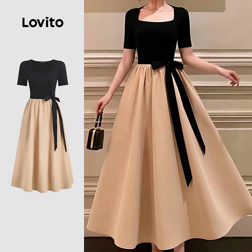 Lovito Vestido Elegante Tecido Duplo Casamento Formatura Costura Bloco Cores Vestido Primavera/verão Feminino LK5ED521