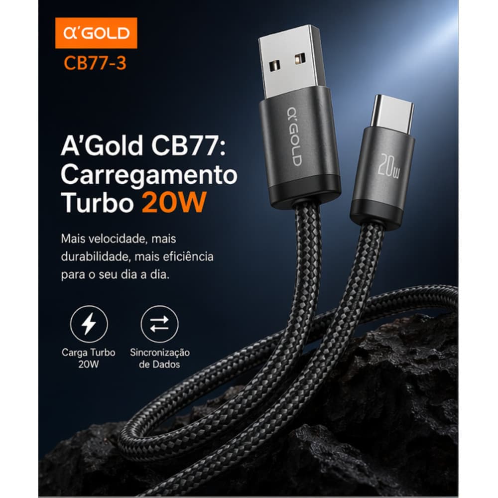 A'Gold CB77-1/2/3 Cabo Tipo C Lightning Micro USB V8 Carga Rapida Cabo Turbo 20W Aluminio Nailon