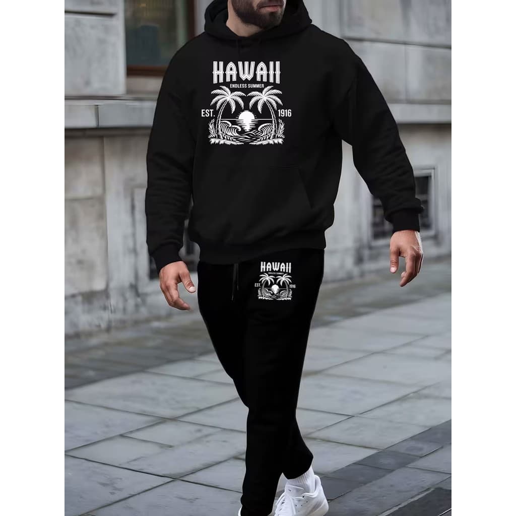 Conjunto Moletom Canguru  Masculino Hawaii Blusa De Frio + Calça Moletom Estampados Unissex Outono/Inverno