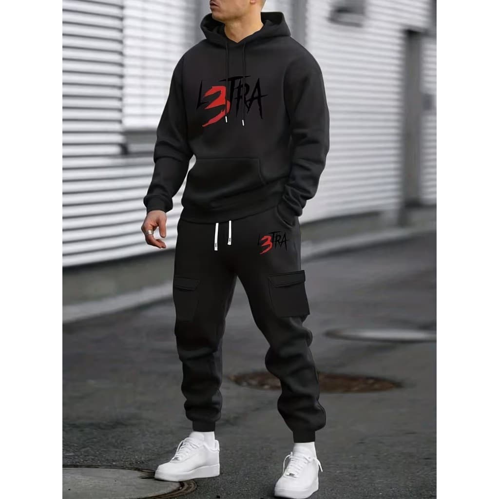 Conjunto Moletom Canguru Masculino Letra Blusa De Frio + Calça Moletom Estampados Unissex Outono/Inverno