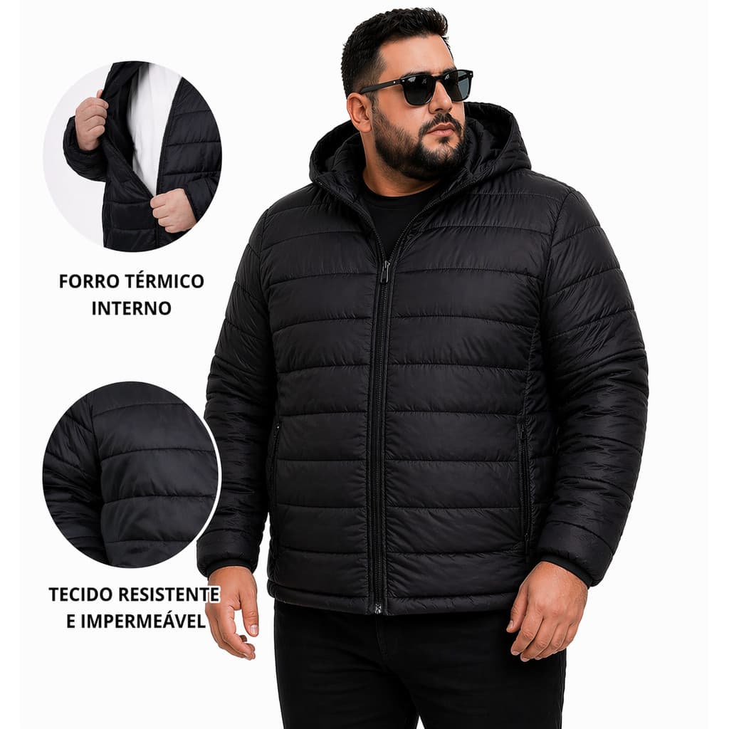 Jaqueta Bobojaco Masculina Plus Size Básica – Puffer Leve, Impermeável e Sem Forro de Pelo