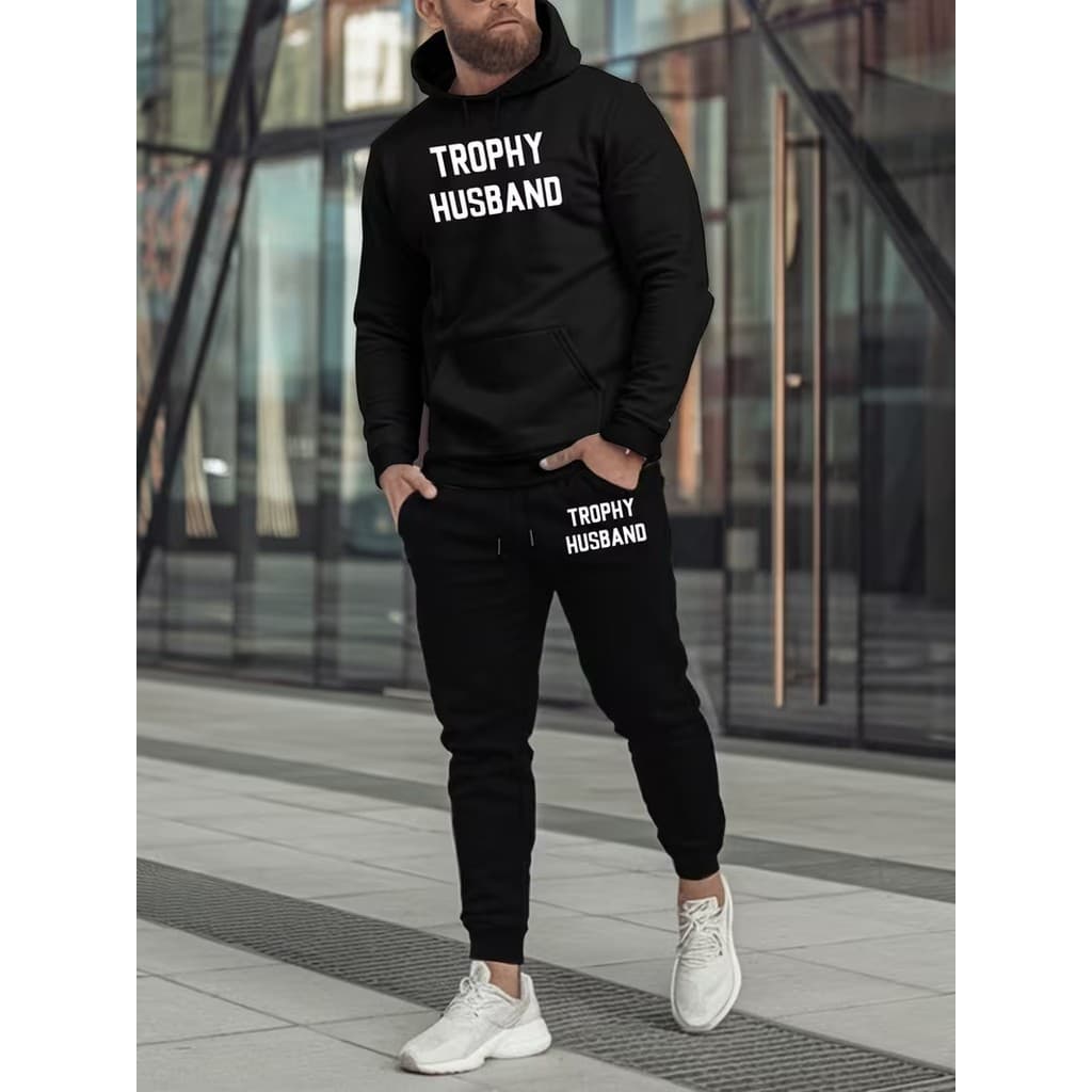 Conjunto Moletom Masculino Trophy Husband Blusa De Frio Canguru Bolso e Capuz+Calça Moletom Estampado Outono/Inverno