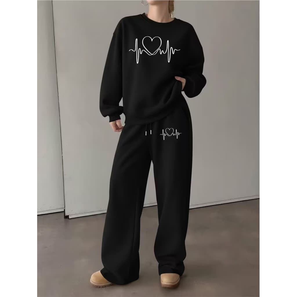 Conjunto Moletom Careca Feminino Heartbeat Blusa De Frio + Calça Moletom Estampados Unissex Outono/Inverno