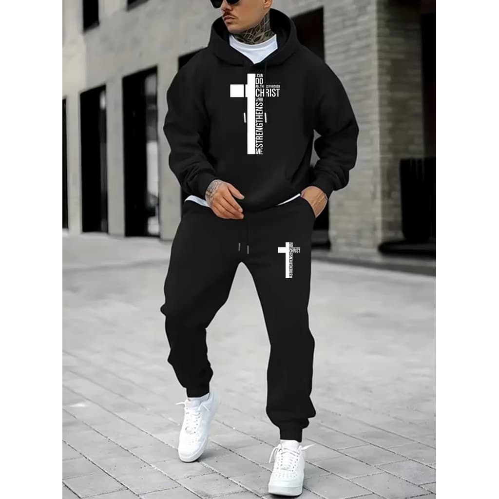 Conjunto Moletom Canguru Masculino Cruz Blusa De Frio + Calça Moletom Estampados Unissex Outono/Inverno
