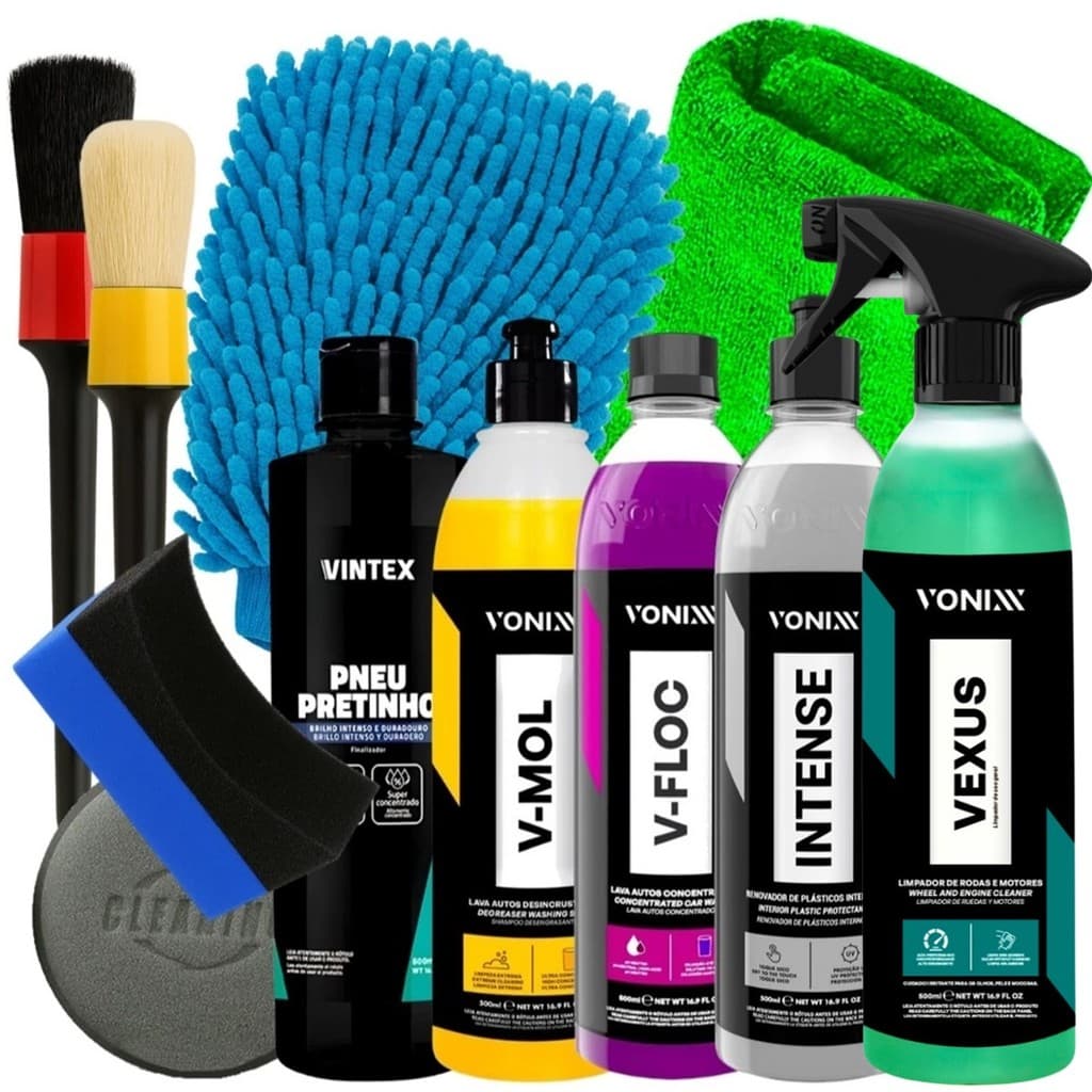 Kit Completo Vonixx Limpa Carro Moto Vexus V-Floc V-Mol Intense Pneu Pretinho e Acessórios