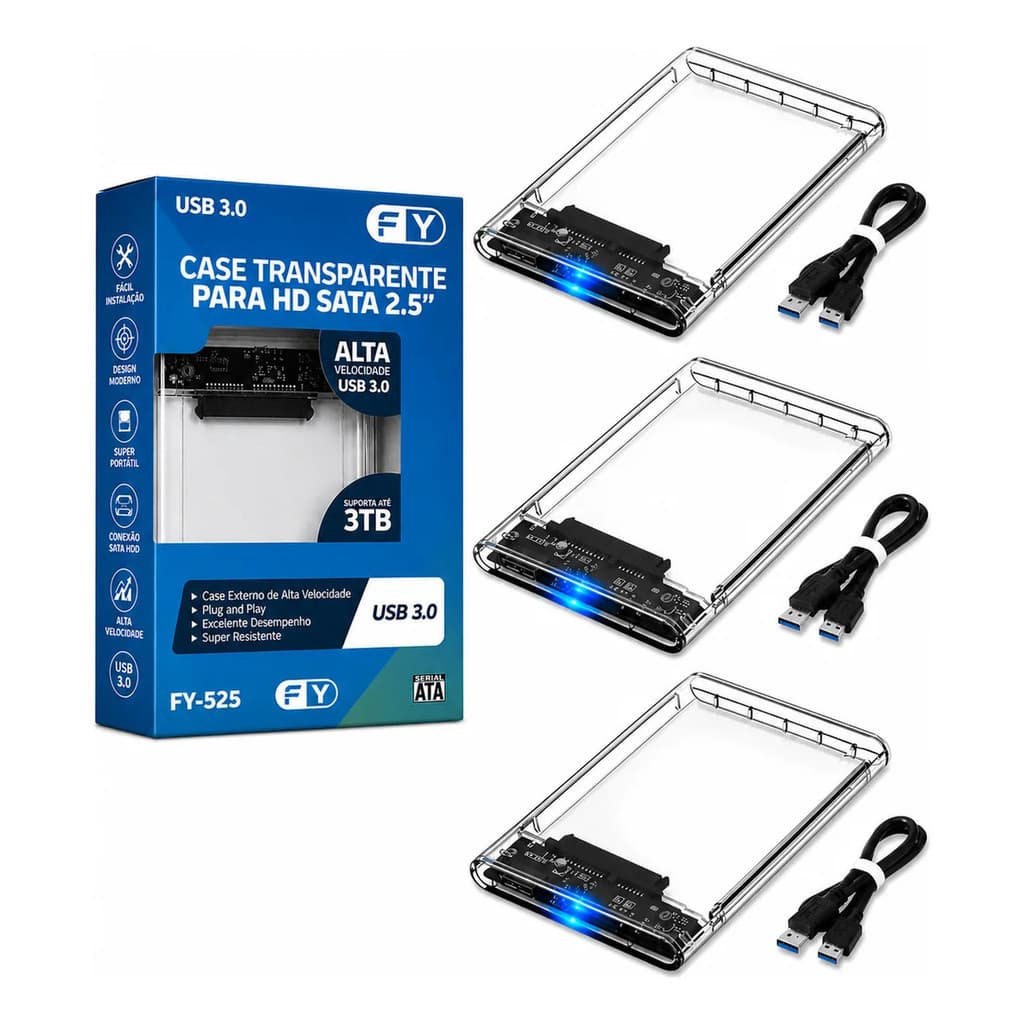 Kit 3 Case Hd Externo Usb 3.0 Transparente Para Hd/ssd Sata